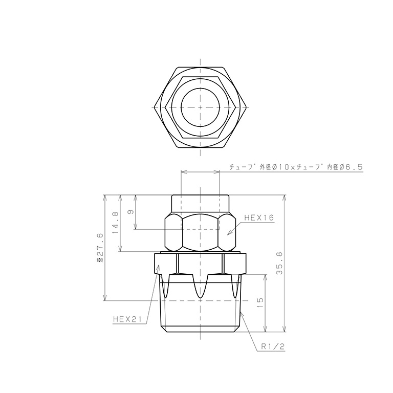 Bản vẽ kỹ thuật Đầu Ngạnh Nối Ống Có Đai Ốc Xiết Dạng Thẳng Thân Lục Giác Ren Ngoài Pisco NKC1065-04