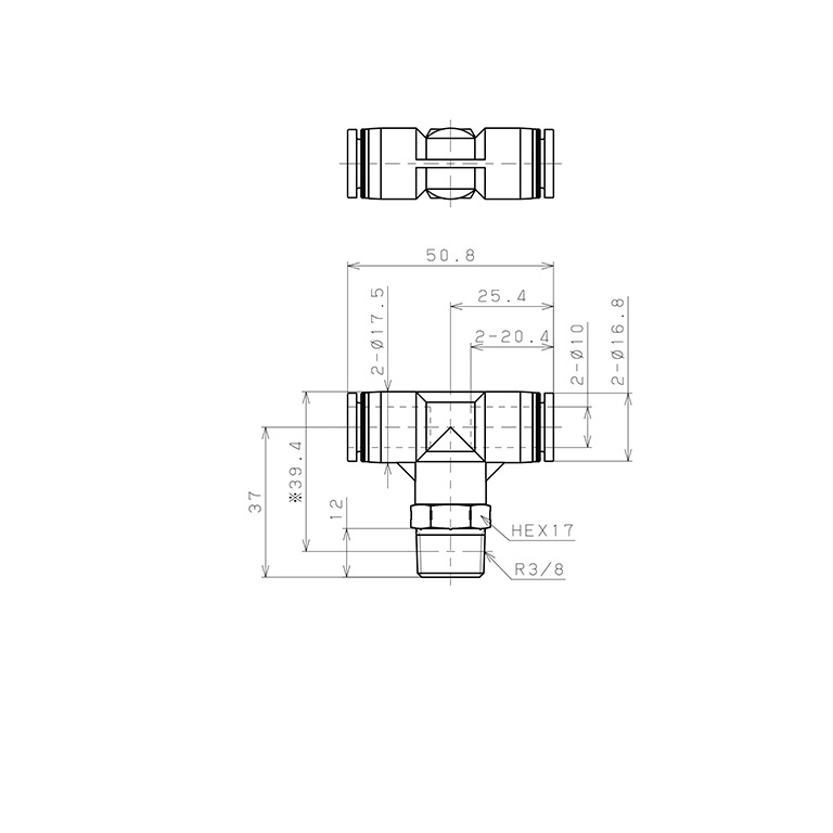 Bản vẽ kỹ thuật Đầu Nối Nhanh Khí Nén Dạng Chữ T Ren Ngoài Pisco PPB10-03SUS-S-C