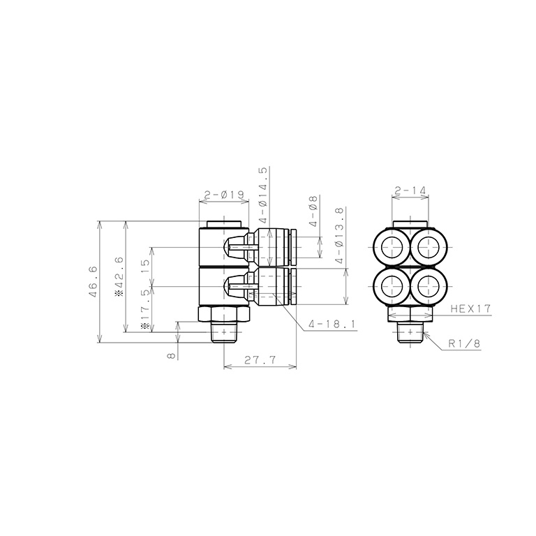 Bản vẽ kỹ thuật Đầu Nối Nhanh Khí Nén Bốn Nhánh Cong 90° Thân Lục Giác Trụ Ren Ngoài Pisco SPAW8-01