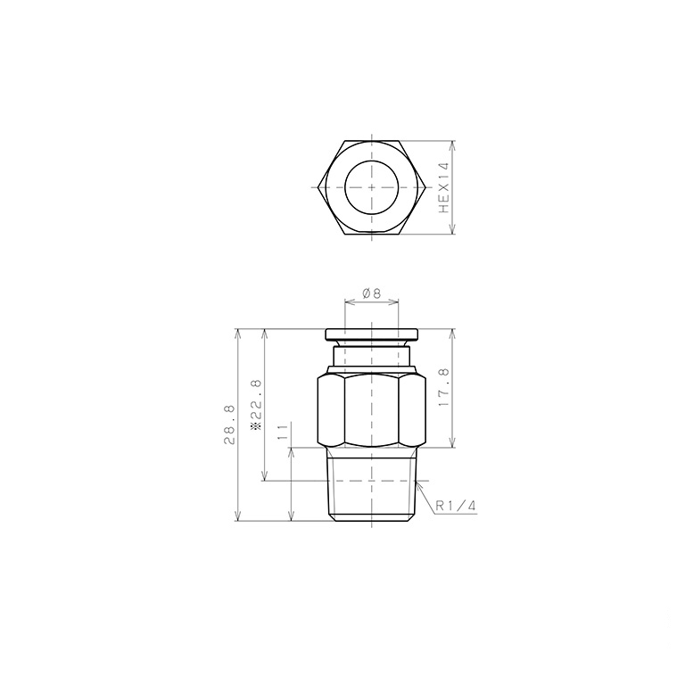 Bản vẽ kỹ thuật Đầu Nối Nhanh Khí Nén Dạng Thẳng Thân Lục Giác Ren Ngoài Pisco SSPC8-02-X-TP-C