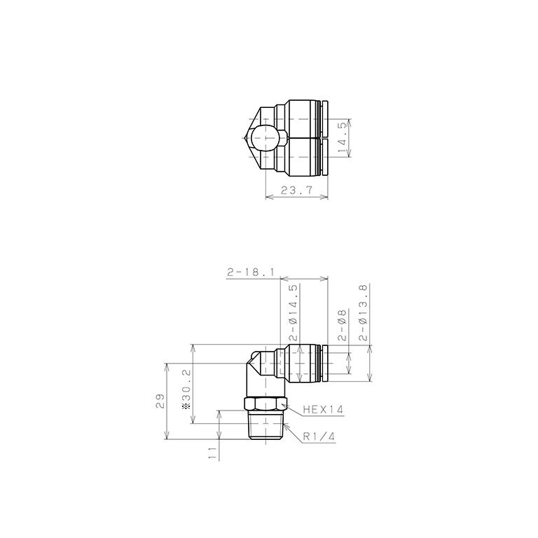 Bản vẽ kỹ thuật Đầu Nối Nhanh Khí Nén Hai Nhánh Cong 90° Ren Ngoài Pisco PAX8-02-C