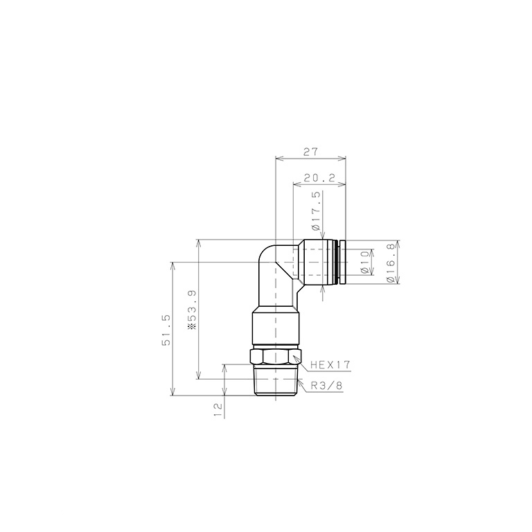 Bản vẽ kỹ thuật Đầu Nối Nhanh Khí Nén Dạng Cong 90° Ren Ngoài (Dài) Pisco PLL10-03