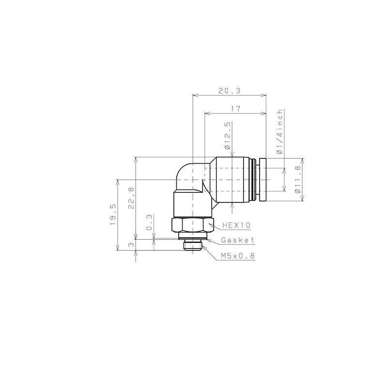 Bản vẽ kỹ thuật Đầu Nối Nhanh Khí Nén Dạng Cong 90° Ren Ngoài Pisco PL1/4-M5-C