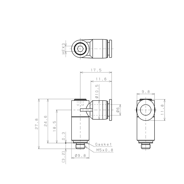 Bản vẽ kỹ thuật Đầu Nối Nhanh Khí Nén Dạng Cong 90° (Dài) Đầu Lục Giác Chìm Ren Ngoài Pisco POLL6-M5M-C