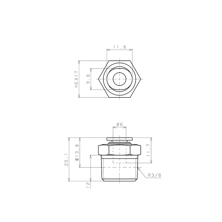 Bản vẽ kỹ thuật Đầu Nối Nhanh Khí Nén Dạng Thẳng Thân Lục Giác Ren Ngoài Pisco PC6-03M-C