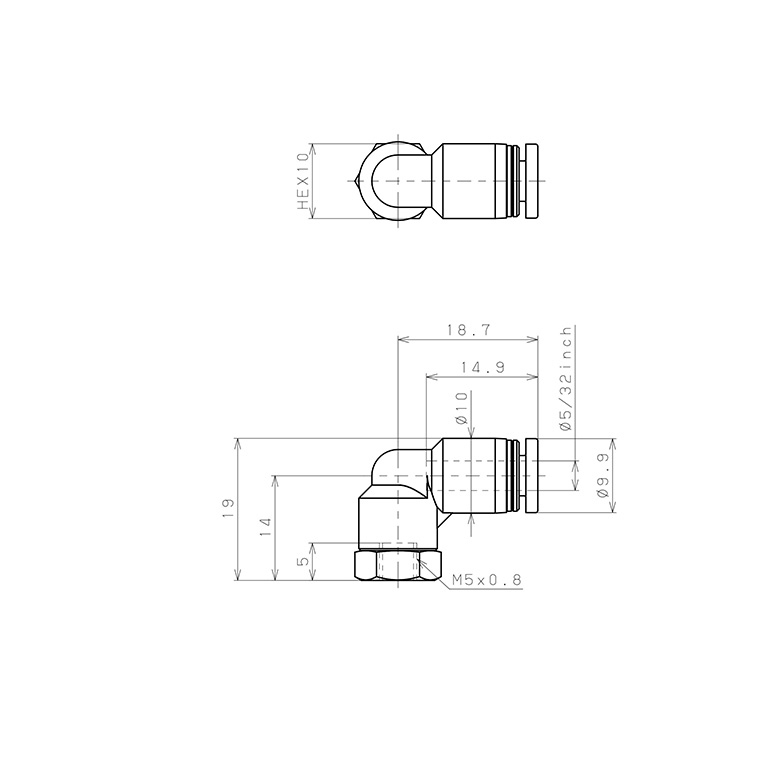 Bản vẽ kỹ thuật Đầu Nối Nhanh Khí Nén Dạng Cong 90° Ren Trong Pisco PLF5/32-M5