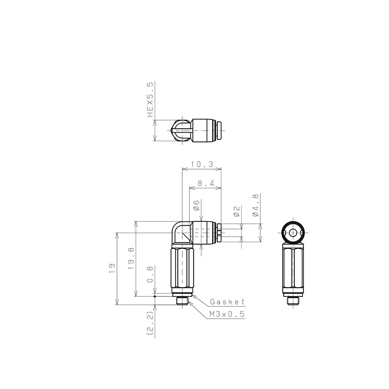 Bản vẽ kỹ thuật Đầu Nối Nhanh Khí Nén Dạng Cong 90° Ren Ngoài (Dài) Pisco PLL2-M3MW-C