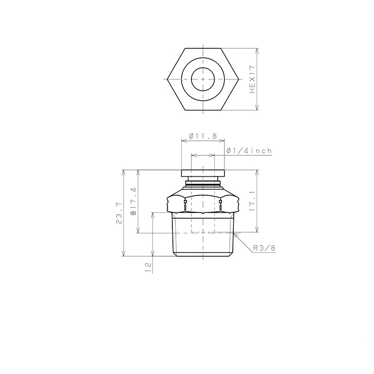 Bản vẽ kỹ thuật Đầu Nối Nhanh Khí Nén Dạng Thẳng Thân Lục Giác Ren Ngoài Pisco PPC1/4-03SUS-S