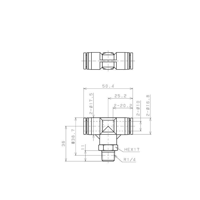 Bản vẽ kỹ thuật Đầu Nối Nhanh Khí Nén Dạng Chữ T Ren Ngoài Pisco SPPB10-02SP