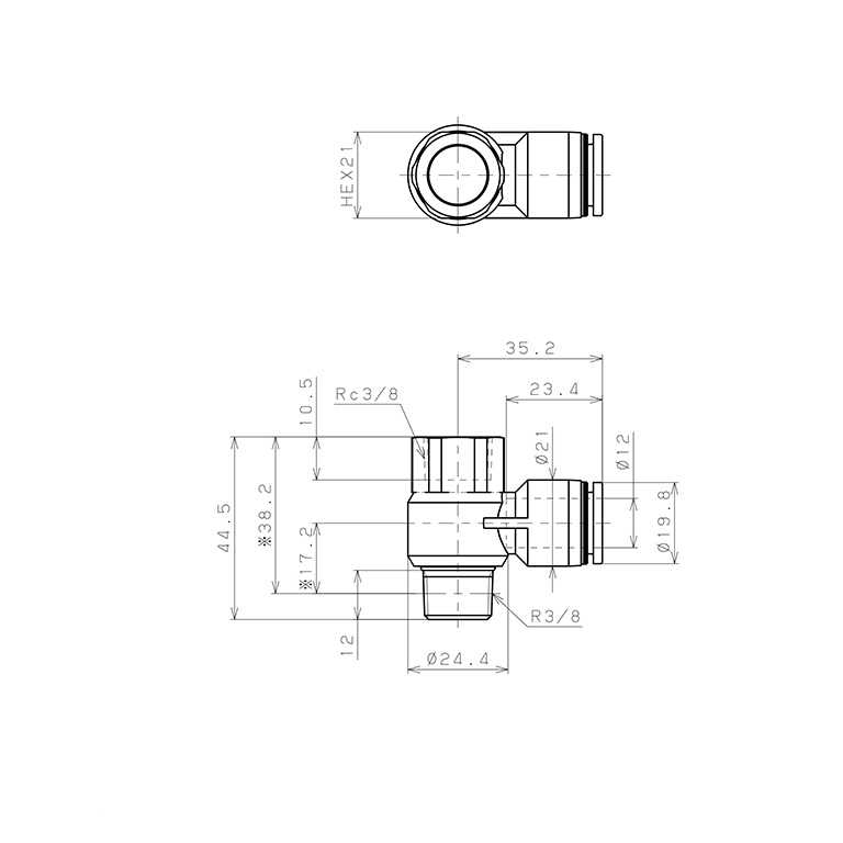 Bản vẽ kỹ thuật Đầu Nối Nhanh Khí Nén Cong 90° Đầu Lục Giác Trụ Ren Đực Cái Pisco PHF12-03
