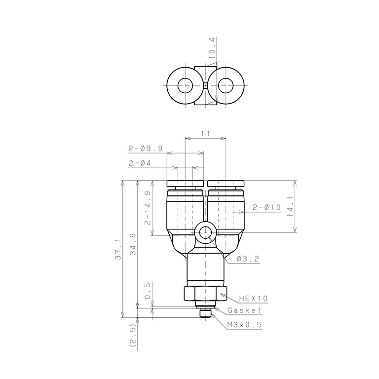 Bản vẽ kỹ thuật Đầu Nối Nhanh Khí Nén Dạng Chữ Y Ren Ngoài Pisco SPPX4-M3SP