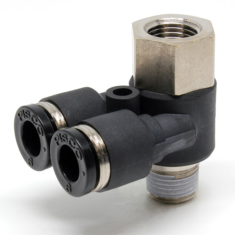 Đầu Nối Nhanh Khí Nén Hai Nhánh Cong 90° Đầu Lục Giác Trụ Ren Đực Cái Pisco PAF6-01W