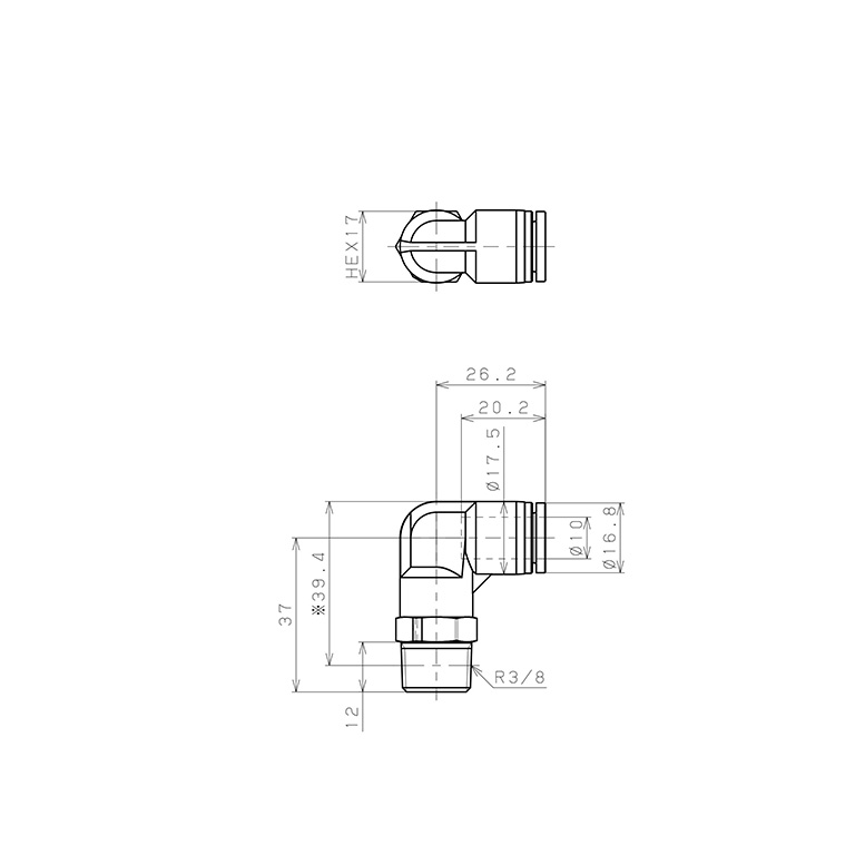 Bản vẽ kỹ thuật Đầu Nối Nhanh Khí Nén Dạng Cong 90° Ren Ngoài Pisco SPPL10-03
