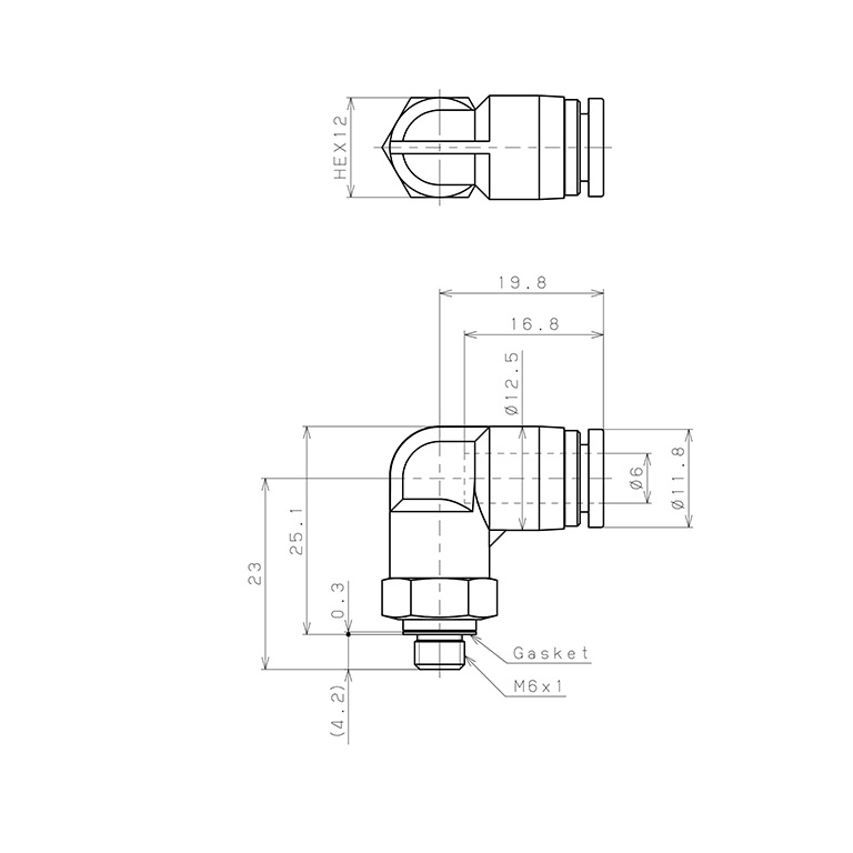 Bản vẽ kỹ thuật Đầu Nối Nhanh Khí Nén Dạng Cong 90° Ren Ngoài Pisco SPL6-M6