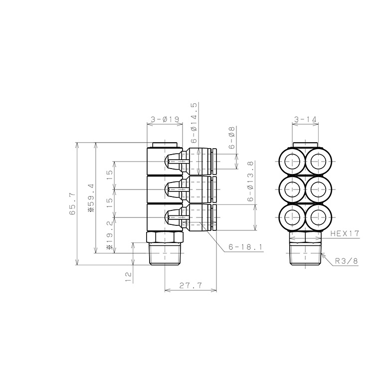 Bản vẽ kỹ thuật Đầu Nối Nhanh Khí Nén Sáu Nhánh Cong 90° Thân Lục Giác Trụ Ren Ngoài Pisco SPAT8-03