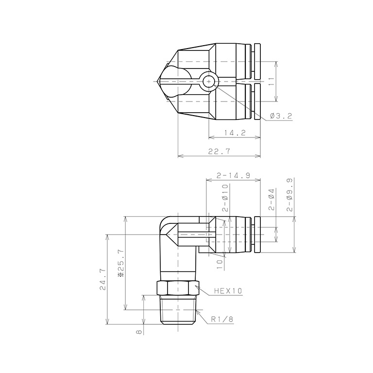 Bản vẽ kỹ thuật Đầu Nối Nhanh Khí Nén Hai Nhánh Cong 90° Ren Ngoài Pisco SPAX4-01