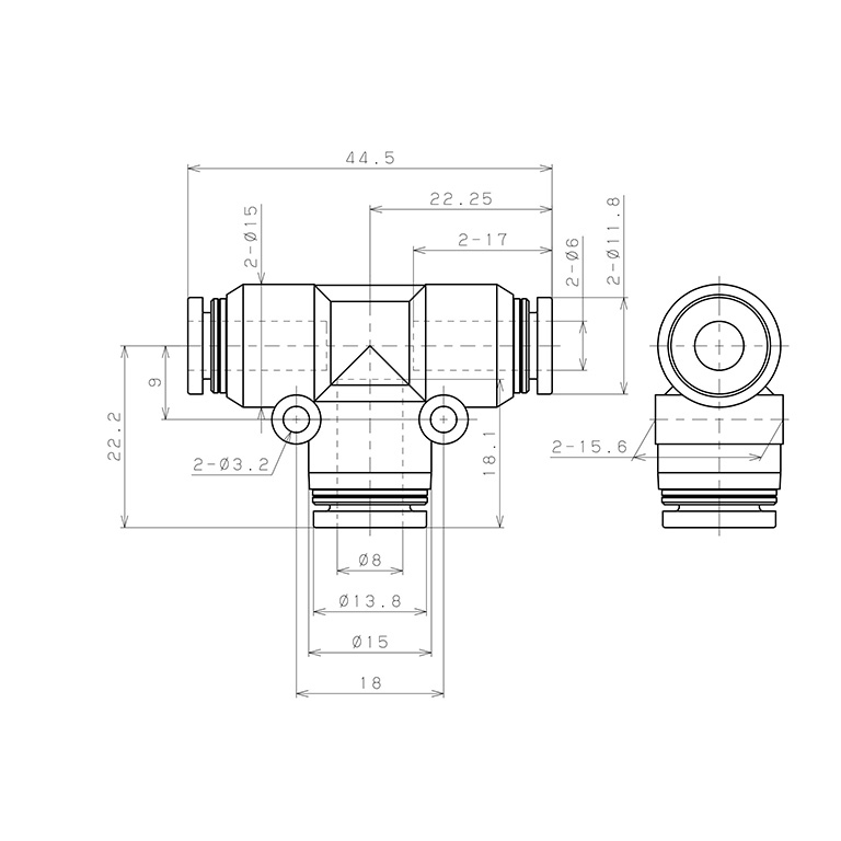 Bản vẽ kỹ thuật Đầu Nối Nhanh Khí Nén Chữ T Dạng Nối Giảm Pisco PEG6-8-C