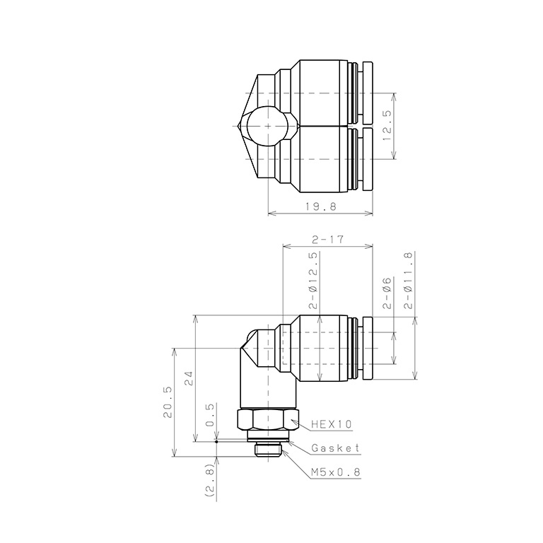Bản vẽ kỹ thuật Đầu Nối Nhanh Khí Nén Hai Nhánh Cong 90° Ren Ngoài Pisco PAX6-M5