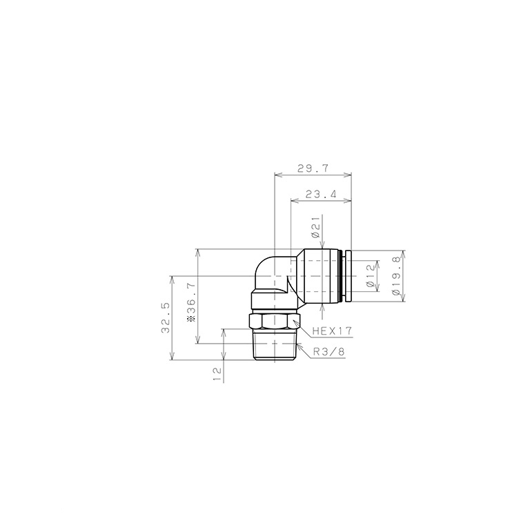 Bản vẽ kỹ thuật Đầu Nối Nhanh Khí Nén Dạng Cong 90° Ren Ngoài Pisco PL12-03W-C