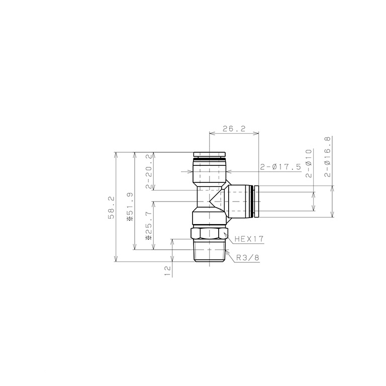 Bản vẽ kỹ thuật Đầu Nối Nhanh Khí Nén Dạng Chữ T Ren Ngoài Pisco PD10-03W