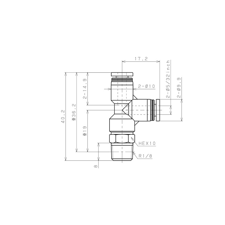 Bản vẽ kỹ thuật Đầu Nối Nhanh Khí Nén Dạng Chữ T Ren Ngoài Pisco PD5/32-01-C