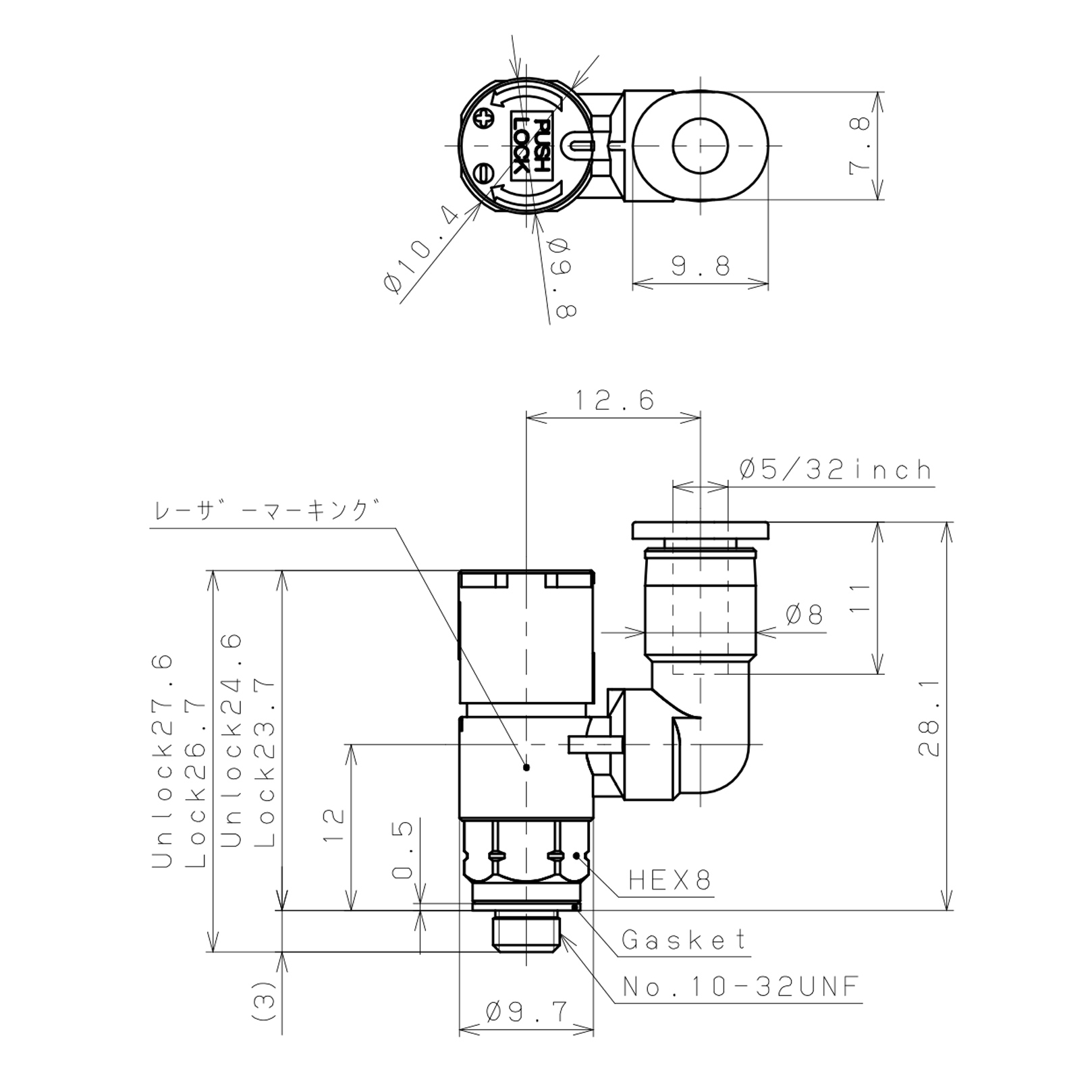 Bản vẽ kỹ thuật Van Tiết Lưu Khí Nén Loại Khóa Đẩy Có Hiển Thị Chỉ Số Pisco JSGS5/32-U10ALW