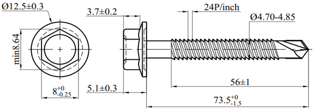 Bản vẽ kỹ thuật Vít Tôn Đầu Lục Giác MS-PRO 4.8x75mm (200 Cái)