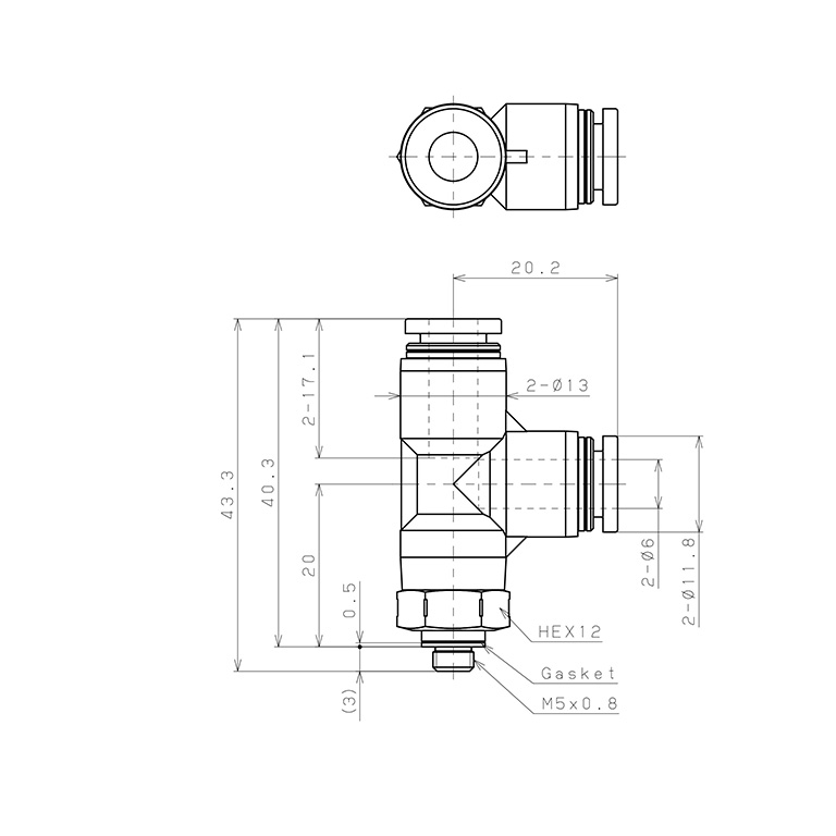 Bản vẽ kỹ thuật Đầu Nối Nhanh Khí Nén Dạng Chữ T Ren Ngoài Pisco PD6-M5SUS
