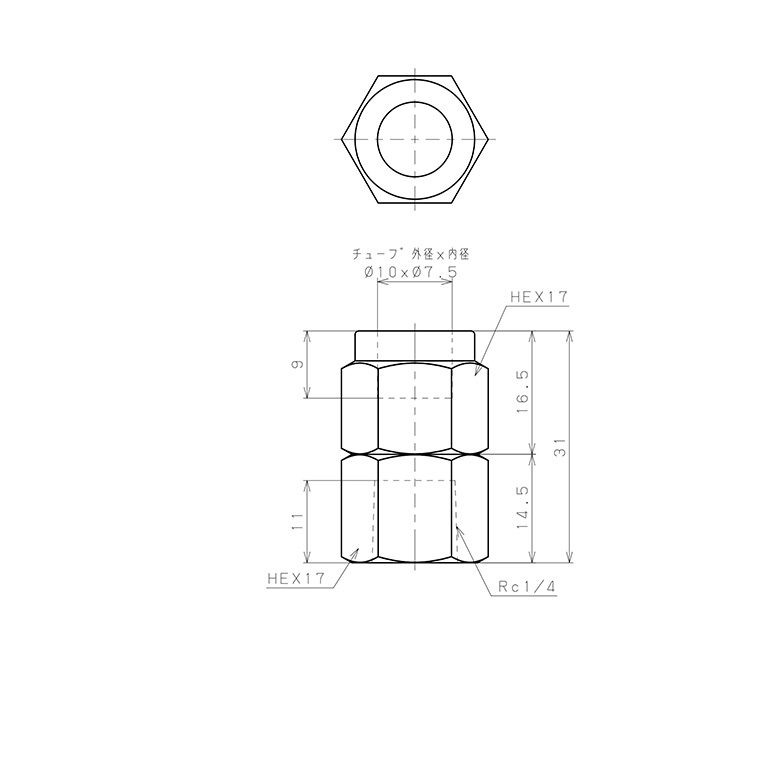 Bản vẽ kỹ thuật Đầu Ngạnh Nối Ống Có Đai Ốc Xiết Dạng Thẳng Thân Lục Giác Ren Trong Pisco NSCF1075-02
