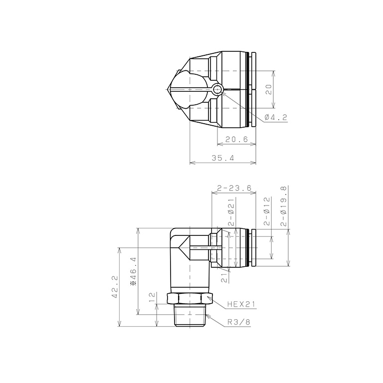 Bản vẽ kỹ thuật Đầu Nối Nhanh Khí Nén Hai Nhánh Cong 90° Ren Ngoài Pisco PAX12-03SUS