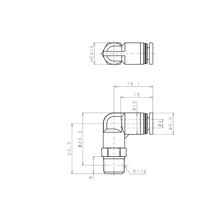 Bản vẽ kỹ thuật Đầu Nối Nhanh Khí Nén Dạng Cong 90° Ren Ngoài Pisco PL4-01SUS
