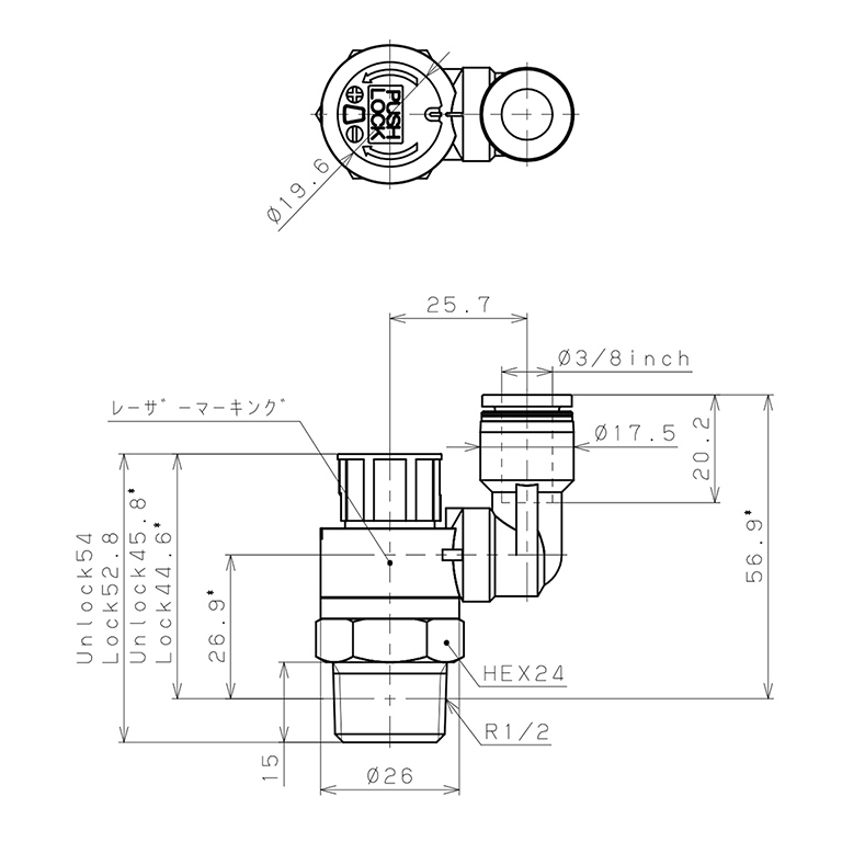 Bản vẽ kỹ thuật Van Tiết Lưu Khí Nén Loại Khóa Đẩy Có Hiển Thị Chỉ Số Pisco JSGS3/8-04AW