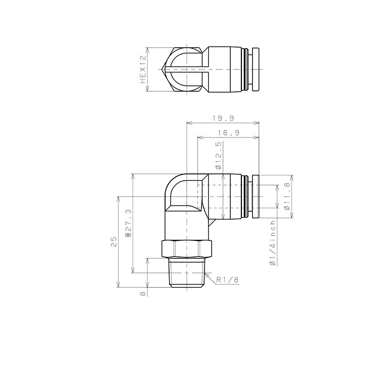 Bản vẽ kỹ thuật Đầu Nối Nhanh Khí Nén Dạng Cong 90° Ren Ngoài Pisco PPL1/4-01-TP