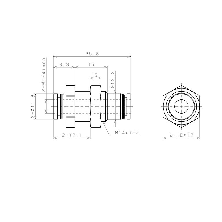 Bản vẽ kỹ thuật Đầu Nối Nhanh Khí Nén Dạng Thẳng Ren Ngoài Lắp Kẹp Vách Pisco PPMP1/4-F
