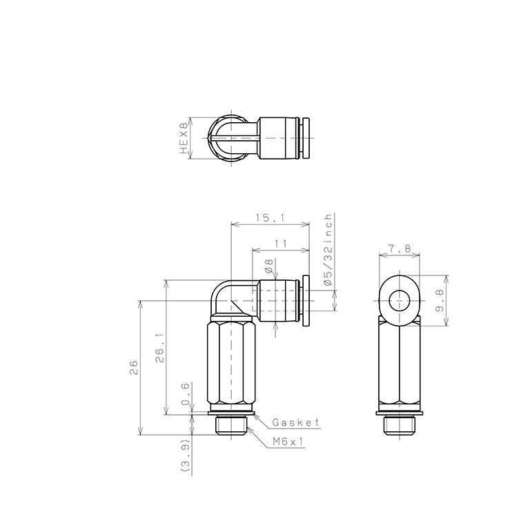 Bản vẽ kỹ thuật Đầu Nối Nhanh Khí Nén Dạng Cong 90° Ren Ngoài (Dài) Pisco PLL5/32-M6M