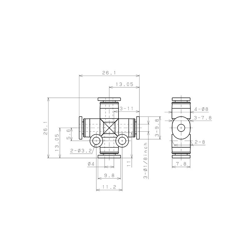Bản vẽ kỹ thuật Đầu Nối Nhanh Khí Nén Ngã 4 Dạng Nối Giảm Pisco PZC4-1/8M