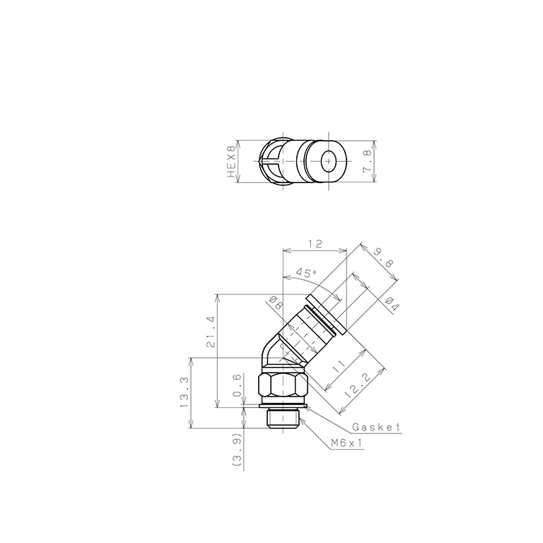 Bản vẽ kỹ thuật Đầu Nối Nhanh Khí Nén Dạng Cong 45° Ren Ngoài Pisco PLH4-M6M