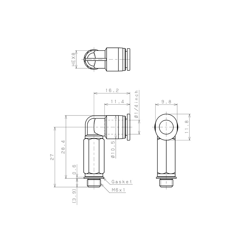 Bản vẽ kỹ thuật Đầu Nối Nhanh Khí Nén Dạng Cong 90° Ren Ngoài (Dài) Pisco PLL1/4-M6M