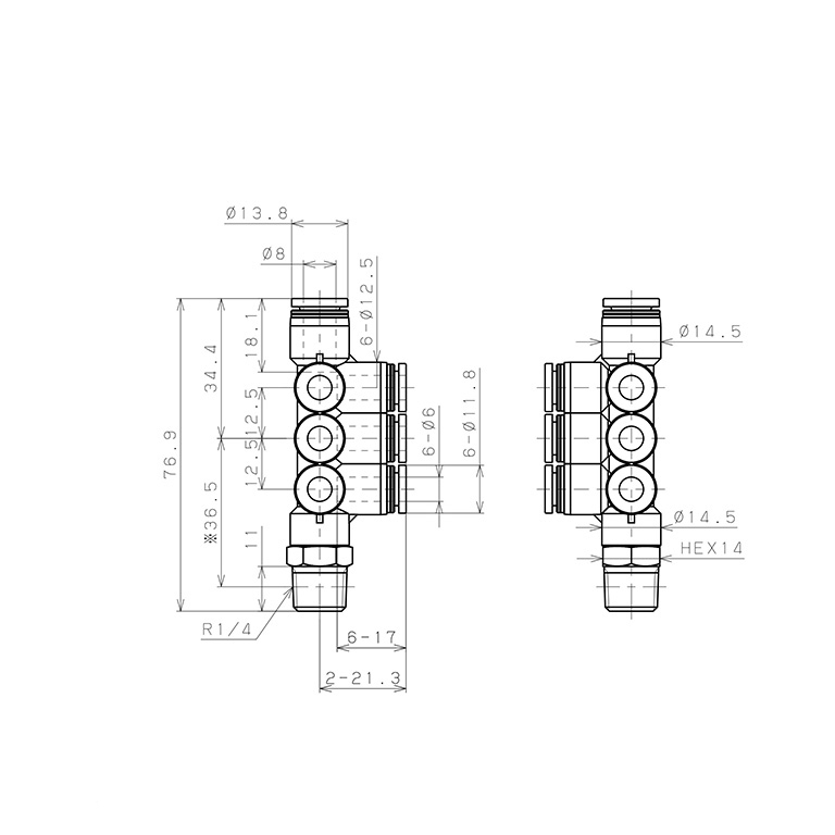 Bản vẽ kỹ thuật Đầu Nối Nhanh Khí Nén Dạng Chữ T Sáu Nhánh Ren Ngoài Pisco PKVD8-6-02W
