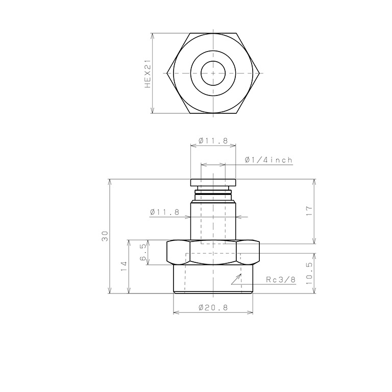 Bản vẽ kỹ thuật Đầu Nối Nhanh Khí Nén Dạng Thẳng Ren Trong Pisco PCF1/4-03-C