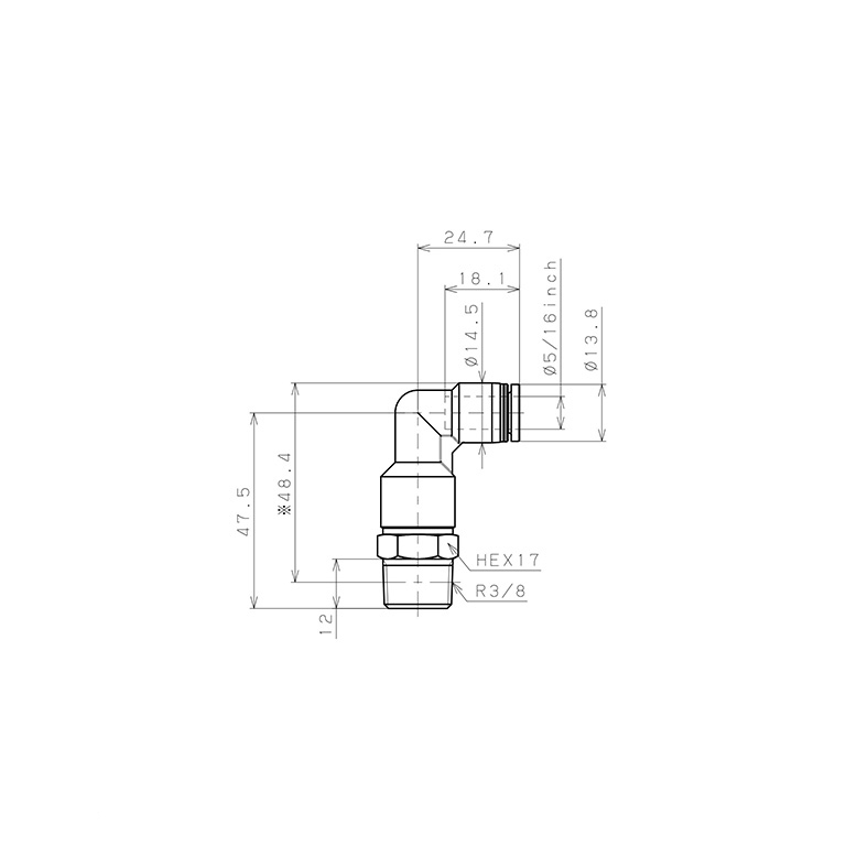 Bản vẽ kỹ thuật Đầu Nối Nhanh Khí Nén Dạng Cong 90° Ren Ngoài (Dài) Pisco PLL5/16-03W