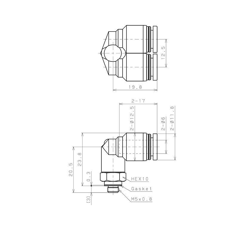 Bản vẽ kỹ thuật Đầu Nối Nhanh Khí Nén Hai Nhánh Cong 90° Ren Ngoài Pisco PAX6-M5-C