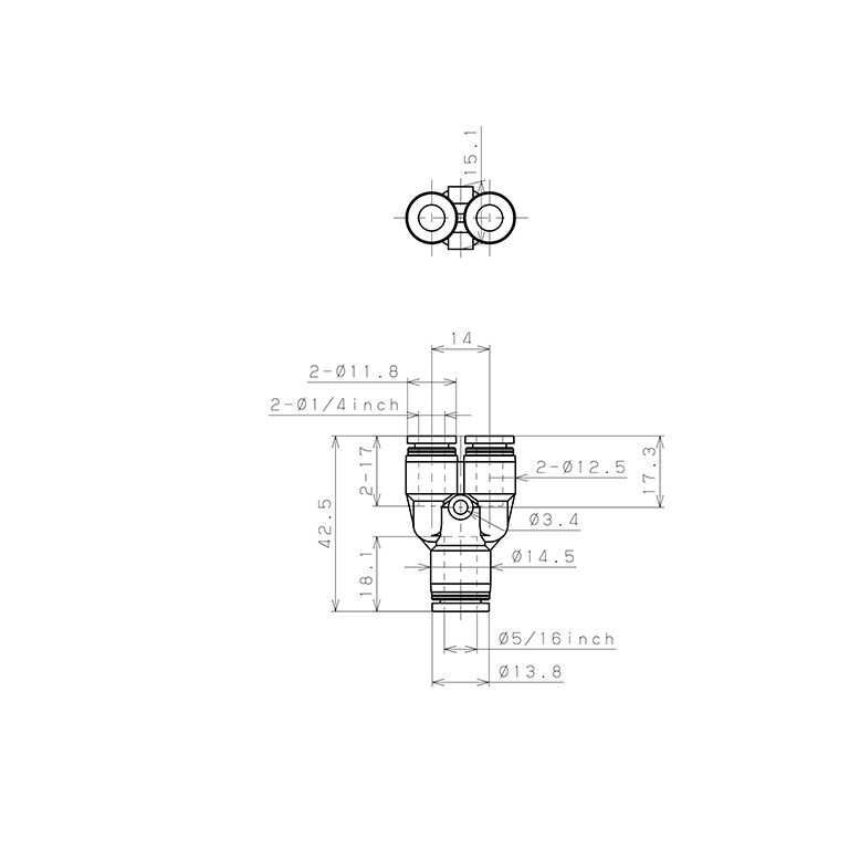Bản vẽ kỹ thuật Đầu Nối Nhanh Khí Nén Chữ Y Dạng Nối Giảm Pisco PW5/16-1/4W