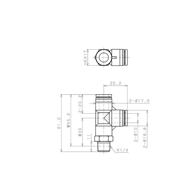 Bản vẽ kỹ thuật Đầu Nối Nhanh Khí Nén Dạng Chữ T Ren Ngoài Pisco SPPD10-02SP