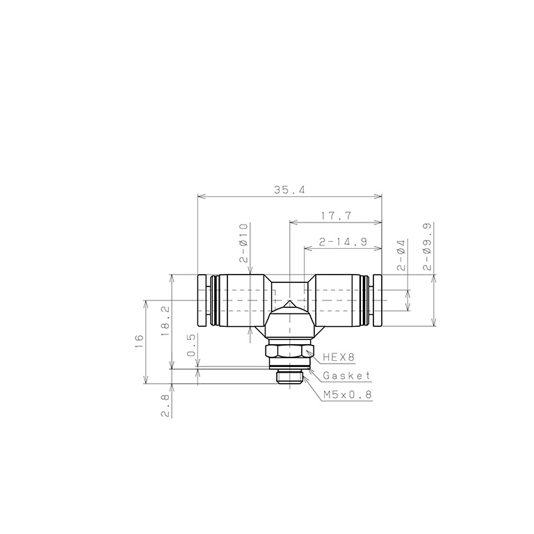 Bản vẽ kỹ thuật Đầu Nối Nhanh Khí Nén Dạng Chữ T Ren Ngoài Pisco PB4-M5EG