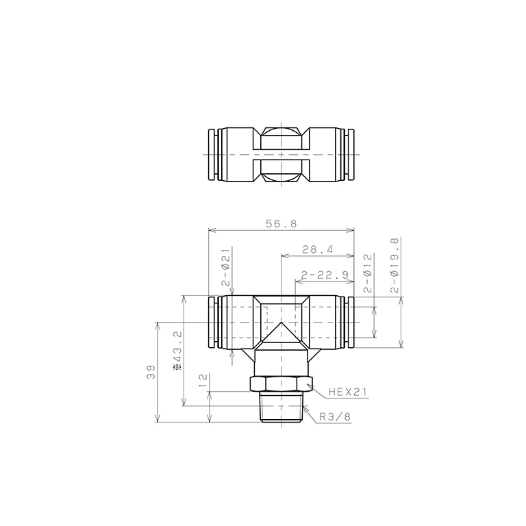 Bản vẽ kỹ thuật Đầu Nối Nhanh Khí Nén Dạng Chữ T Ren Ngoài Pisco SPPB12-03SP