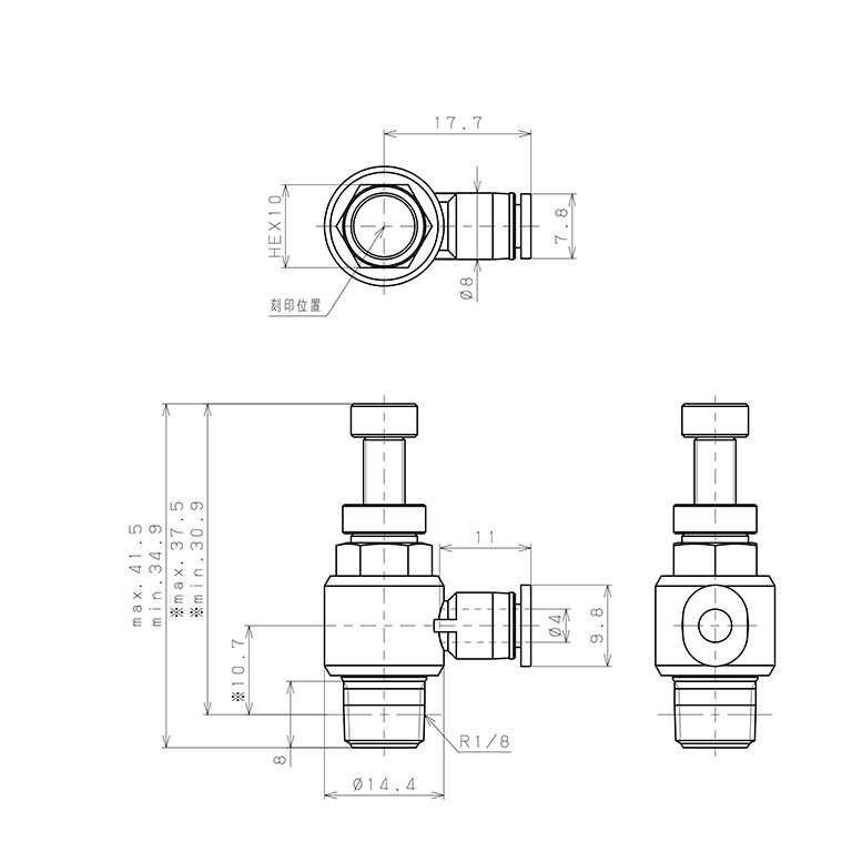 Bản vẽ kỹ thuật Van Tiết Lưu Khí Nén Inox 303 Pisco SJSC4-01B