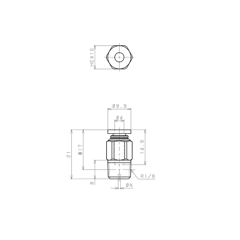 Bản vẽ kỹ thuật Đầu Nối Nhanh Khí Nén Lỗ Trích Khí Nhỏ Pisco PC4-01-1.9