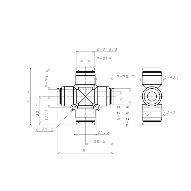 Bản vẽ kỹ thuật Đầu Nối Nhanh Khí Nén Ngã 4 Dạng Nối Giảm Pisco PZB12-10