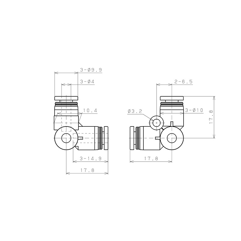 Bản vẽ kỹ thuật Đầu Nối Nhanh Khí Nén Chạc Ba 90° Pisco PVU4W